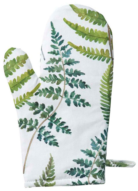 Oven glove with a printed fern pattern