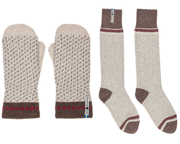 Very warm lined merino wool mittens, design "Skaftö Snow", size Medium