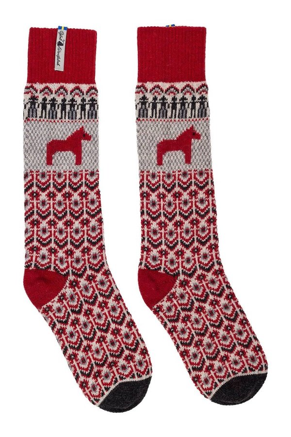 Thick, warm and long wool socks, design "Dalarna" in red, size Medium
