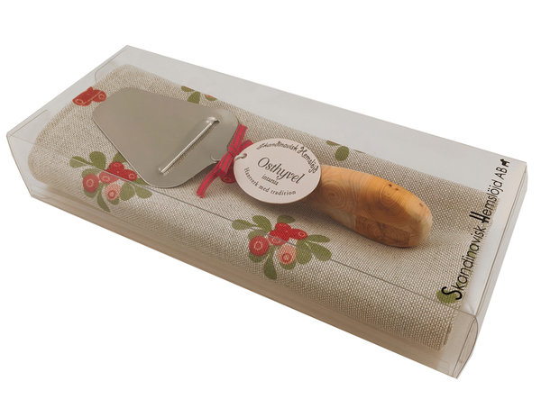 Gift set with cheese slicer and kitchen towel with lingonberries