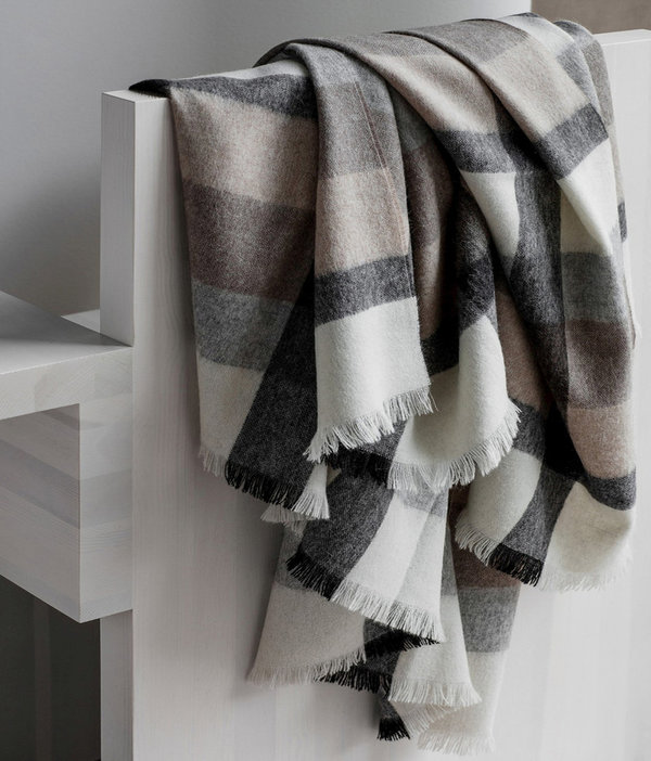 Thin, light throw in soft, luxurious alpaca wool; beige and grey checkered