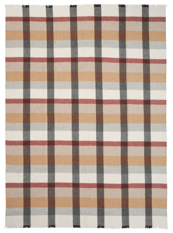 Thin, light throw in soft, luxurious alpaca wool; rusty-red and grey checkered