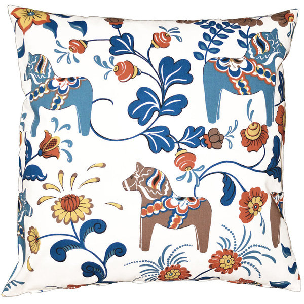 Cushion cover with pattern of Swedish Dala horses - light blue
