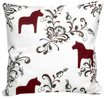 Cushion cover with a classic Swedish kurbits pattern and dala horse - red