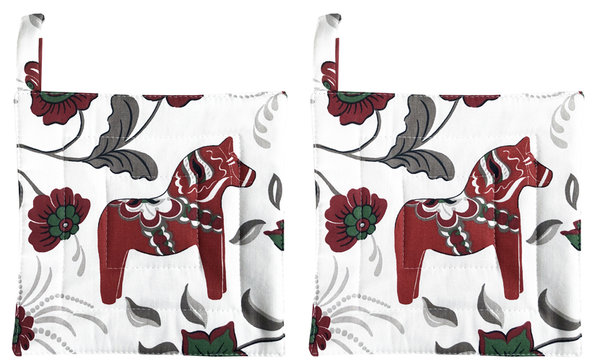 Pot holders with pattern of Swedish Dala horses - grey/red (set of 2)