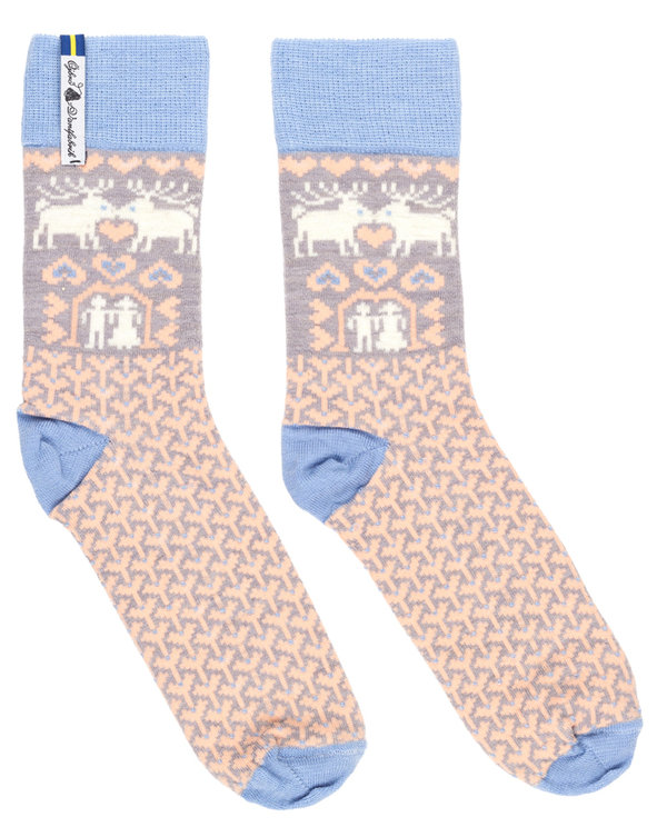 Socken aus weicher Merinowolle, Muster "Fästfolket", Grösse Medium