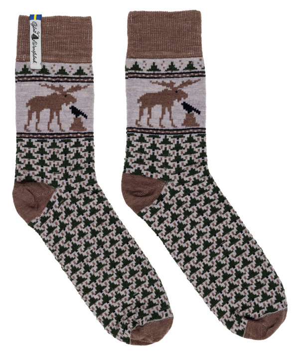Geschenkbox mit zwei Paar Socken aus weicher Merinowolle, Muster "Wald-Elch", Large