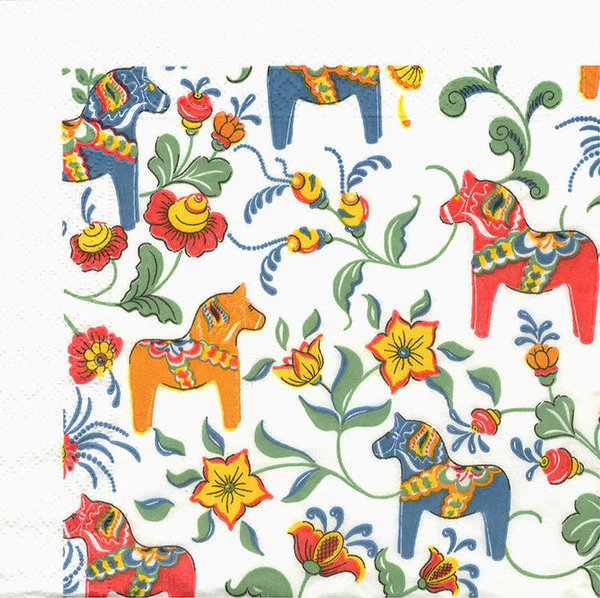 Papierservietten mit Muster von schwedischen Dalapferden - Weiss