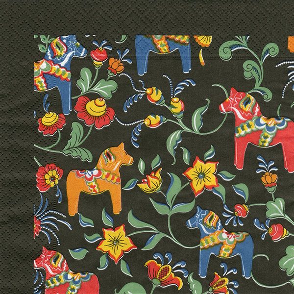 Paper napkins with a print of Swedish dalahorses - black