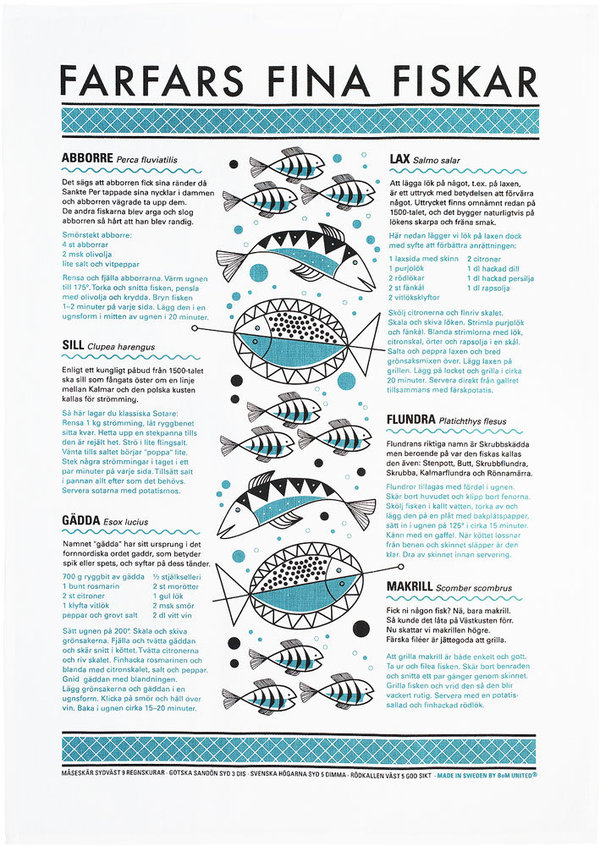Grandpa's fishes - linen tea towel with descriptions and recipies of the most common fishes
