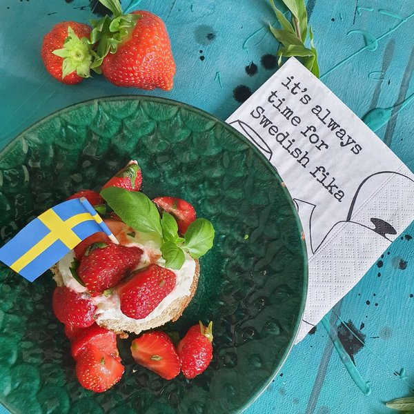 Paper napkins with text "it's always time for Swedish fika"
