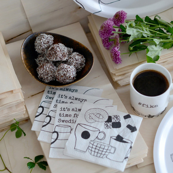 Paper napkins with text "it's always time for Swedish fika"