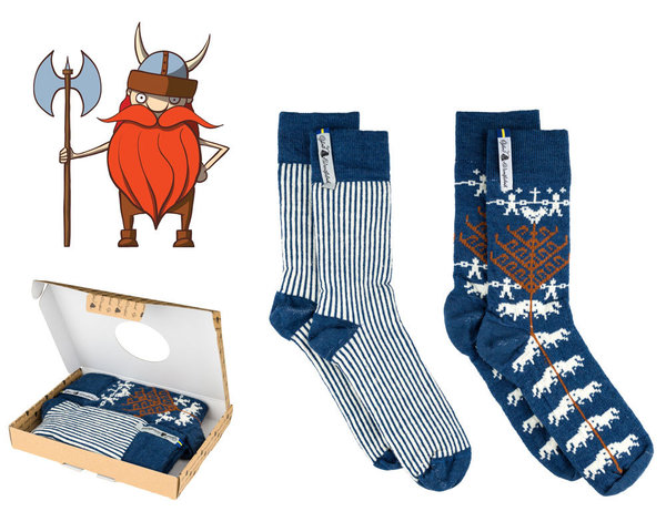 Gift box with 2 pair of socks in merino wool , Viking-Design "Yggdrasil"- size 42-45