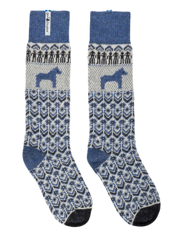 Dicke, warme und lange Wollsocken, Muster "Dalarna" in Blau, grösse Medium
