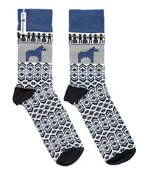 Socken aus weicher Merinowolle, Muster "Dalarna" in Blau, Grösse 39-42