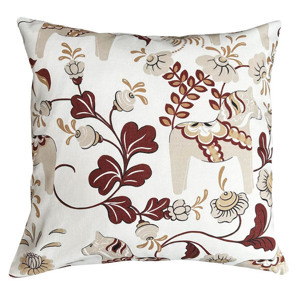 Cushion cover with pattern of Swedish Dala horses - burgundy/beige